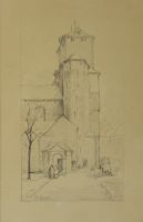 tableau Saint Denis   ville,église  crayon papier 1ère moitié 20e siècle