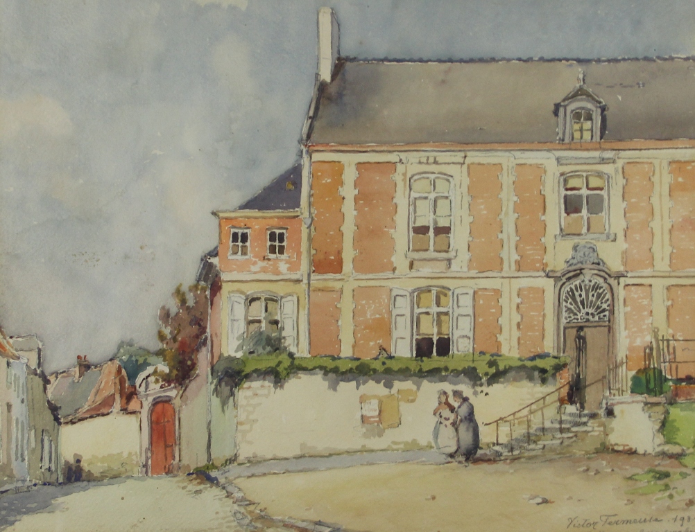 tableau Abbaye de Grimbergen  Fermeuse Victor personnage,ville  aquarelle papier 1ère moitié 20e siècle