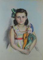 tableau Jeune fille à la poupée Oser Elisabeth portrait  pastel papier 1ère moitié 20e siècle