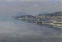 tableau Lac de Neuchâtel Peillon Alice paysage,paysage marin  pastel papier 2ième moitié 20e siècle