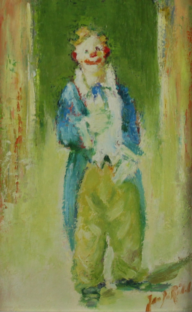 tableau Le clown  De Ridder (pseudo Van Gielen) Jan humoristique,personnage  huile triplex 2ième moitié 20e siècle