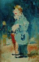 tableau Le clown au parapluie  De Ridder (pseudo Van Gielen) Jan humoristique,personnage  huile triplex 2ième moitié 20e siècle