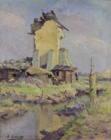 tableau La ruine Loncin Louis paysage,village  huile toile 1ère moitié 20e siècle