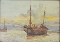 tableau Bateau à marée basse Nicolet Théophile marine  aquarelle papier 1ère moitié 20e siècle