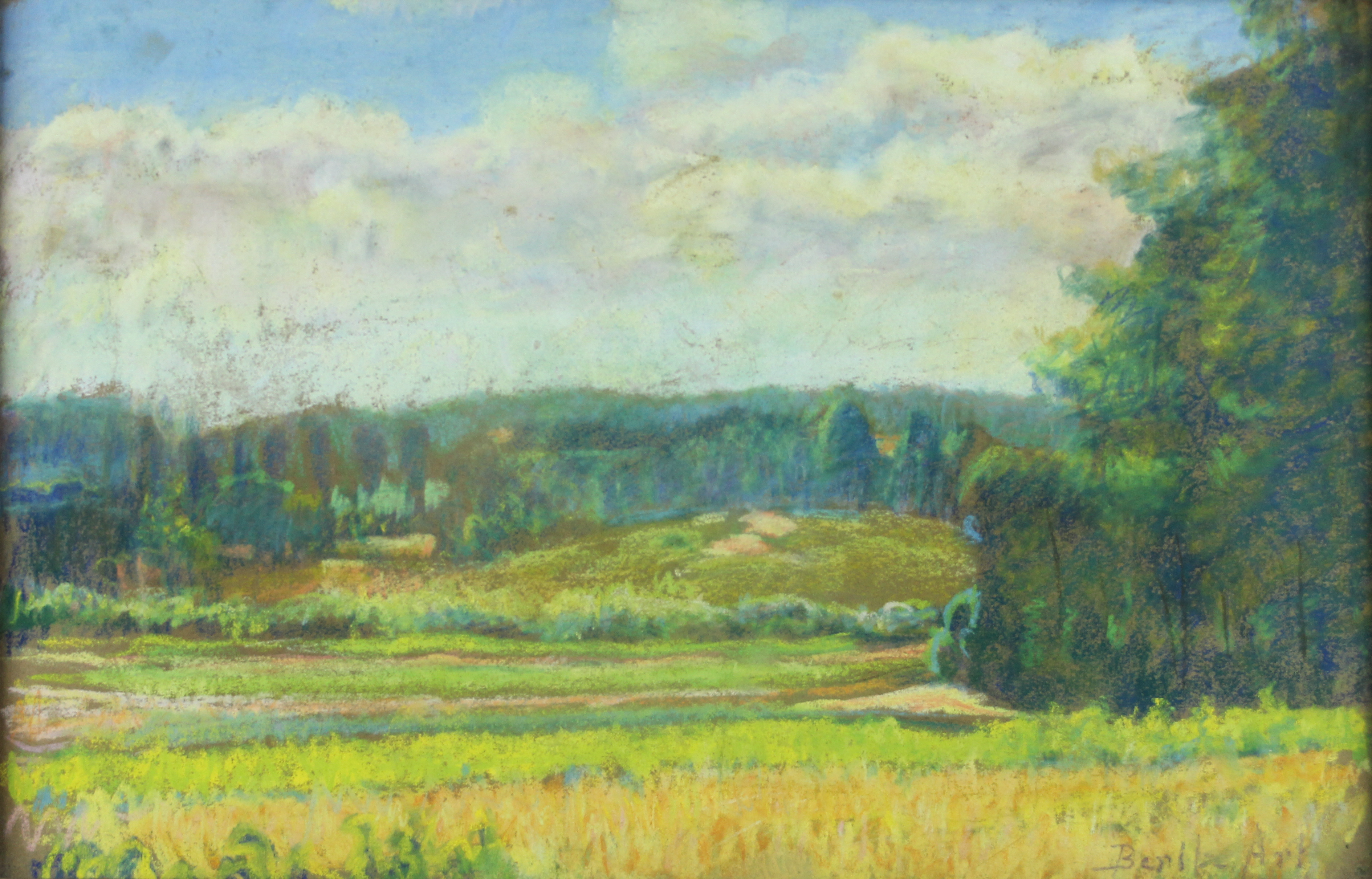 tableau L'orée du bois Art Berthe paysage  pastel marouflé 1ère moitié 20e siècle