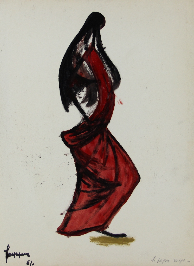 tableau Le pagne rouge Synave Jacques personnage  huile papier 2ième moitié 20e siècle