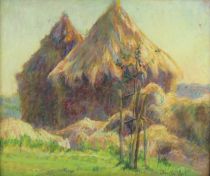 tableau Les meules Art Berthe paysage  pastel papier 1ère moitié 20e siècle