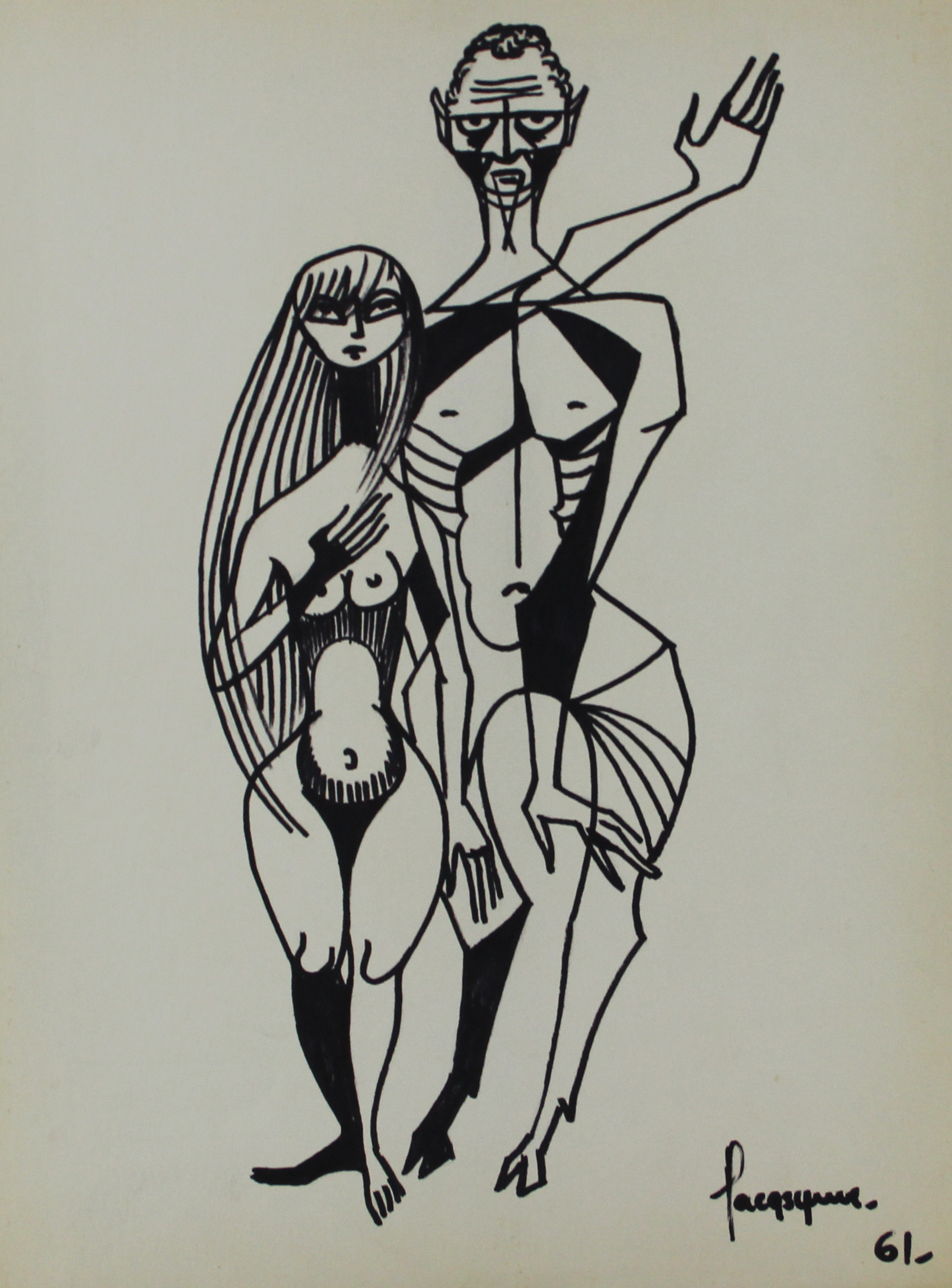 tableau La princesse et le faune Synave Jacques fantastique,personnage  encre papier 2ième moitié 20e siècle