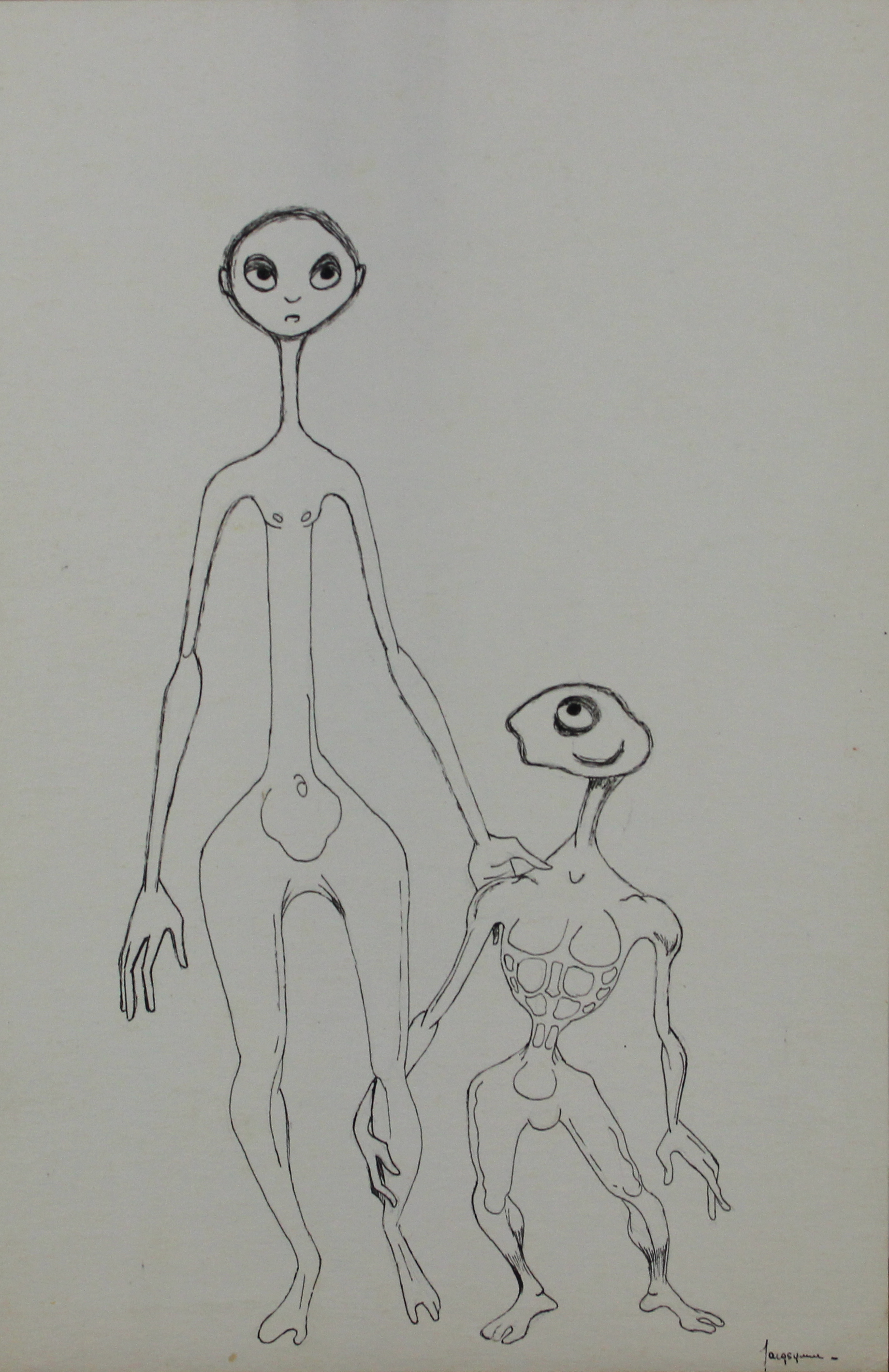 tableau La fille et le génie Synave Jacques fantastique,personnage  encre papier 2ième moitié 20e siècle