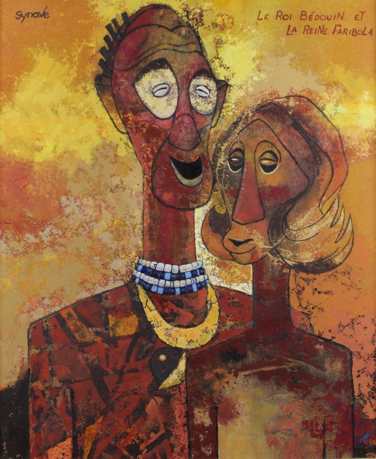 tableau Le roi Bédouin et la reine Faribola Synave Jacques humoristique,africaniste  huile isorel 2ième moitié 20e siècle