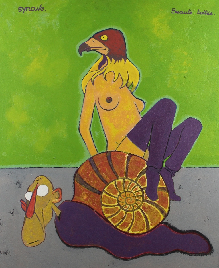 tableau Beauté bottée Synave Jacques humoristique,personnage,moderne  huile aggloméré 2ième moitié 20e siècle