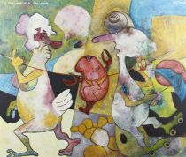 tableau La mère poule et le père moule Synave Jacques fantastique,humoristique  huile aggloméré 2ième moitié 20e siècle