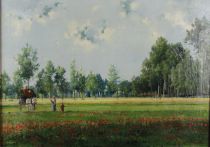 tableau Paysage aux coquelicots  Pulinckx Louis paysage,personnage,scène rurale  huile toile 19e siècle