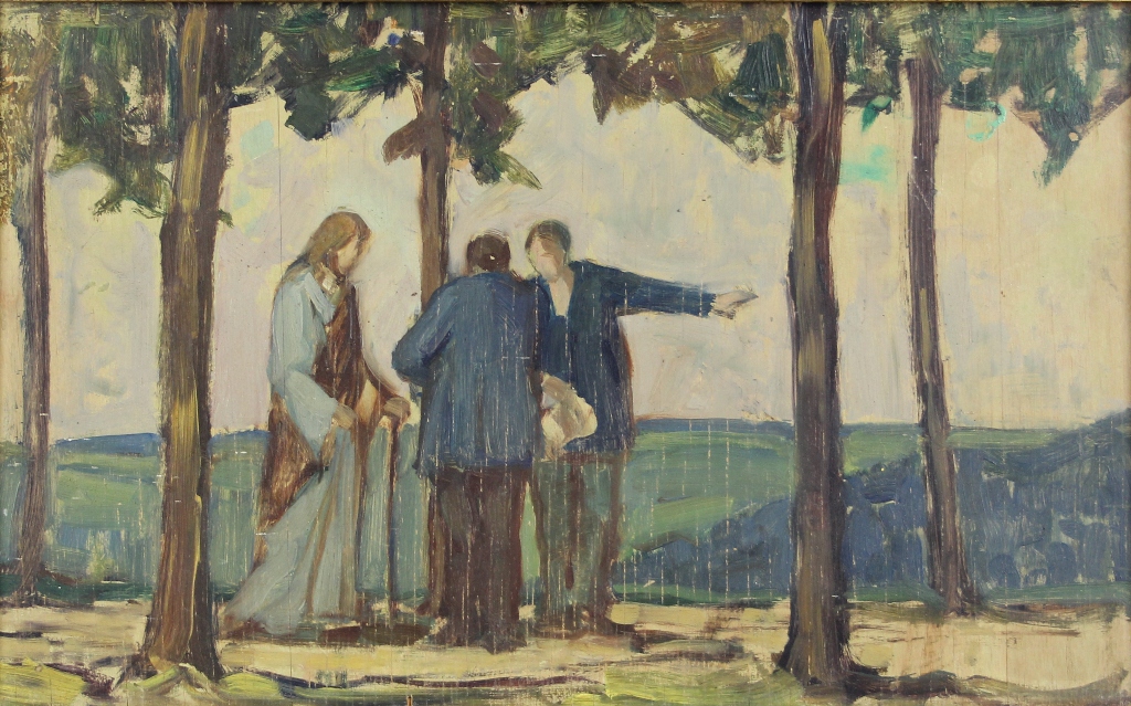 tableau Les disciples d’Emmas  Martin Alfred paysage,personnage  huile panneau 1re moiti 20e sicle