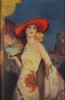 tableau Femme à l'éventail  Defoin Art. personnage  huile carton 1ère moitié 20e siècle