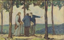 tableau Les disciples d’Emmaüs  Martin Alfred paysage,personnage  huile panneau 1ère moitié 20e siècle