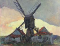 tableau Le moulin (Wenduyne) Martin Alfred paysage,moulin  huile panneau 1ère moitié 20e siècle