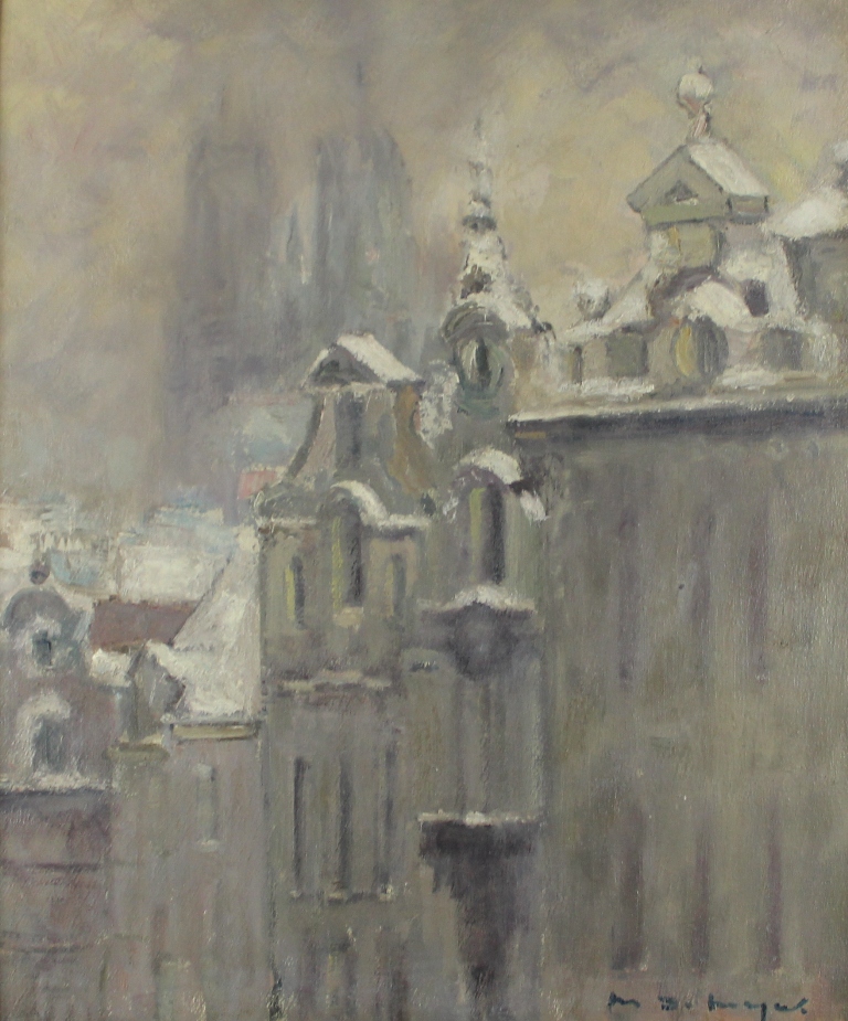 tableau Bruxelles sous la neige ( St Gudule )  De Meyer Maurice ville,glise  huile toile 1re moiti 20e sicle