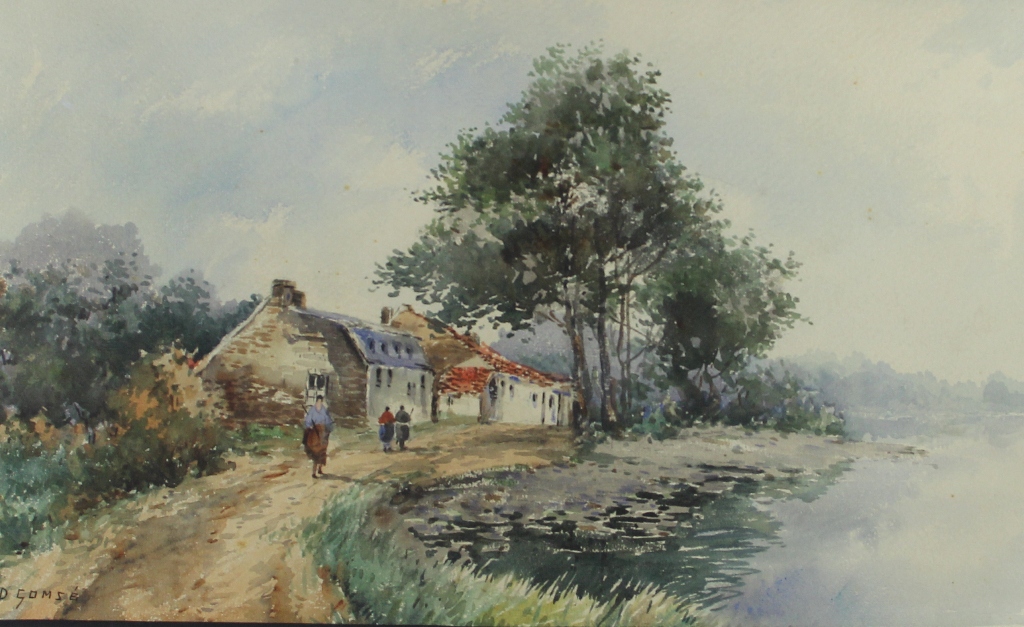 tableau Le long du fleuve Gomz Paul paysage,personnage,scne rurale  aquarelle papier 1re moiti 20e sicle