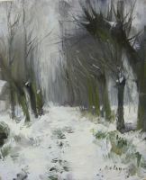 tableau Les saules en hiver Betigny Ernest paysage  huile carton 1ère moitié 20e siècle