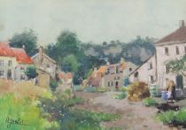 tableau Journée au village Janlet Henry scène rurale,village  aquarelle papier 1ère moitié 20e siècle