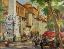 tableau Fontaine dans le sud Smets Charles Ernest personnage,ville  huile toile 2ième moitié 20e siècle