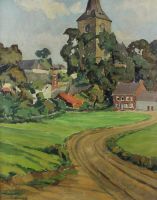 tableau L'église d'Ohain Van Den Berghe Piet village,église  huile panneau 1ère moitié 20e siècle