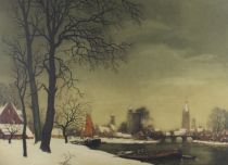 tableau Vue sur le canal enneigé   Van Neste Alfred paysage,village  estampe papier 1ère moitié 20e siècle