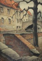 tableau Pont à Bruges    ville  pastel papier 1ère moitié 20e siècle