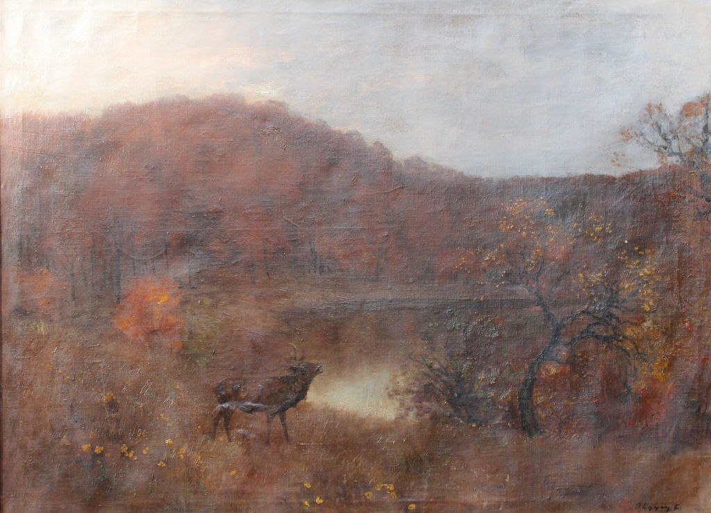tableau Le brame du cerf  Olgyai Fernc (Franois) animaux,paysage  huile toile 1re moiti 20e sicle
