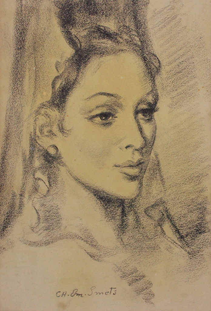 tableau La belle espagnole  Smets Charles Ernest portrait  fusain papier 2ième moitié 20e siècle