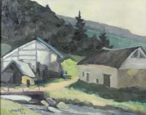 tableau Vieux moulin Molan Delaite Charles paysage,village  huile toile 2ième moitié 20e siècle