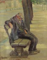 tableau le repos  Demulder-Dutron Léon personnage,scène de genre  huile toile 1ère moitié 20e siècle