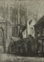 tableau La cathédrale  Poreau Oswald ville,église  estampe papier 1ère moitié 20e siècle