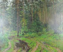 tableau Sentiers forestiers Sundukov V.A paysage,personnage,sous-bois  huile toile 2ième moitié 20e siècle