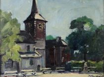 tableau Les bancs devant l'église Volckaert Piet paysage,église  huile triplex 2ième moitié 20e siècle