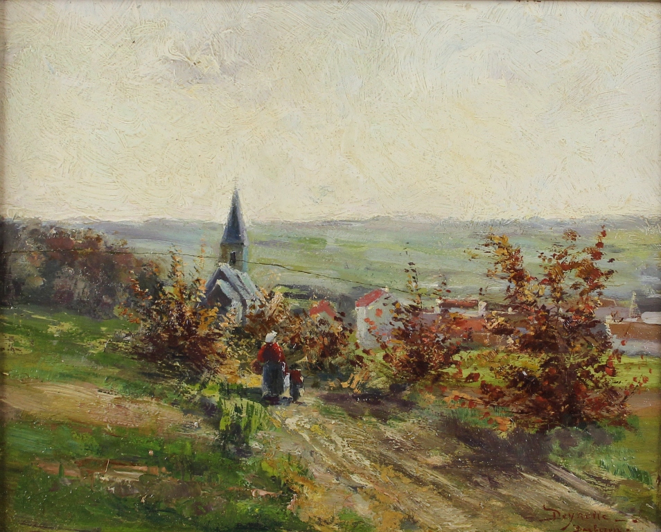 tableau Retour à Barbison Deyrolle Théophile Louis paysage,personnage,village,église  huile panneau 1ère moitié 20e siècle