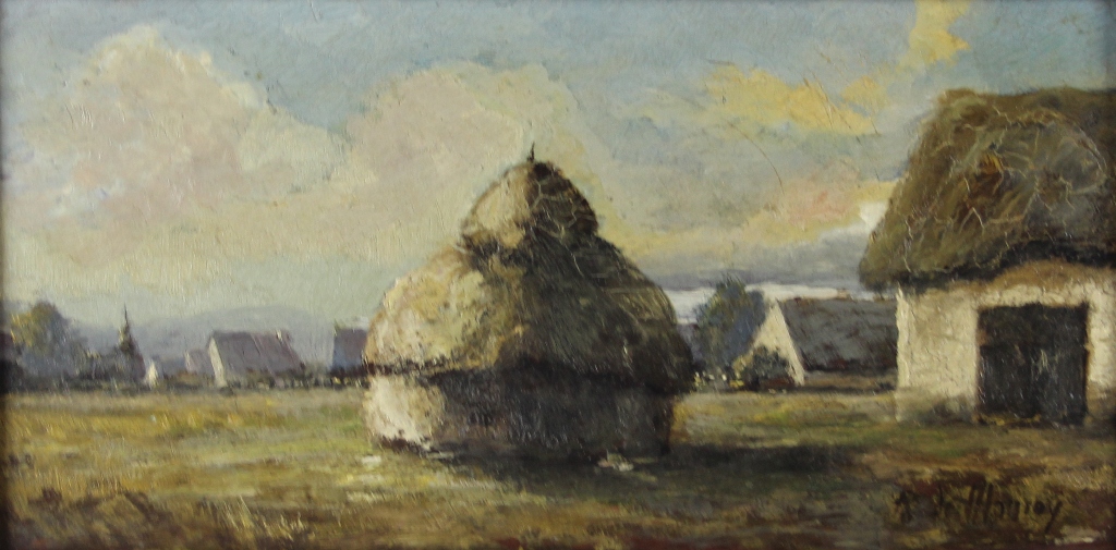 tableau Le village et la meule   paysage,village  huile panneau 1ère moitié 20e siècle