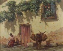 tableau Ferme Espagnole Bisschops Charles - Louis animaux,personnage,village  huile triplex 1ère moitié 20e siècle
