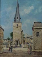 tableau L'église du village Lemoine Henry personnage,village,église  huile toile 2ième moitié 20e siècle