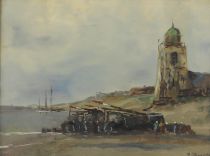 tableau Le phare   marine,personnage,église  gouache papier 1ère moitié 20e siècle