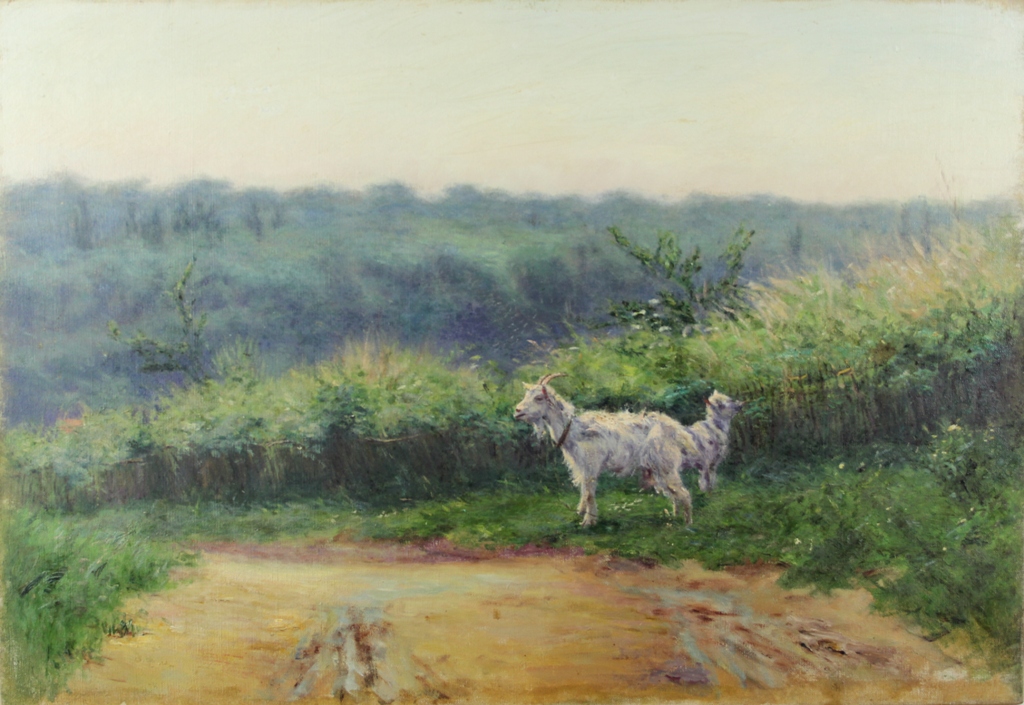 tableau La chèvre et sa chevrette     animaux,paysage  huile toile 1ère moitié 20e siècle