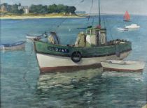 tableau Près de port Navalo Cornut Armand marine  huile triplex 2ième moitié 20e siècle