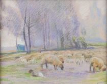 tableau Le troupeau de moutons Darbour  animaux,paysage  pastel papier 1ère moitié 20e siècle
