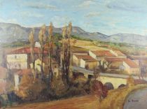 tableau Le moulin du Pas Grambois François Luc paysage,village  huile toile 2ième moitié 20e siècle