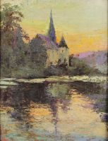 tableau L'Eglise le long de l'eau Tielens Alexandre paysage,église  huile panneau 1ère moitié 20e siècle