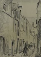 tableau Rue du chien marin Bruxelles Waidinger Joseph personnage,ville  fusain papier 1ère moitié 20e siècle