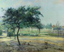 tableau Vue ensoleillée de la ferme Baldauf Jean animaux,paysage  huile panneau 1ère moitié 20e siècle