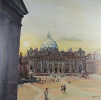 tableau Cité du Vatican  Houben Willy personnage,religieux,ville  huile toile 2ième moitié 20e siècle