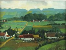 tableau Vue du hameau  Stevens  paysage  huile panneau 1ère moitié 20e siècle